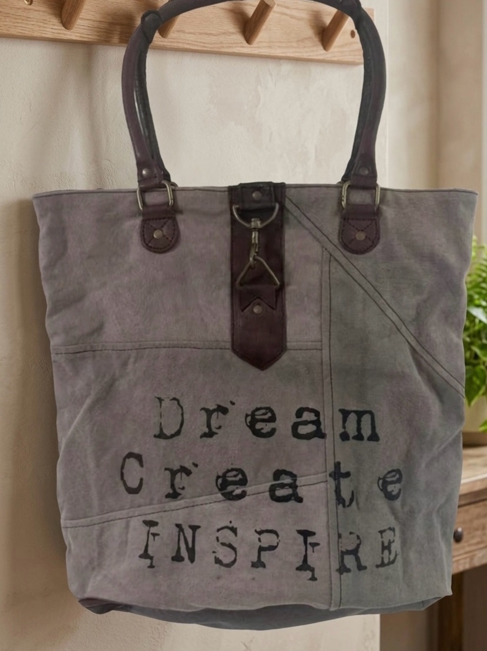 Mona B Canvas Tote Bag with Leather Trim - Gray "Dream Create Inspire"